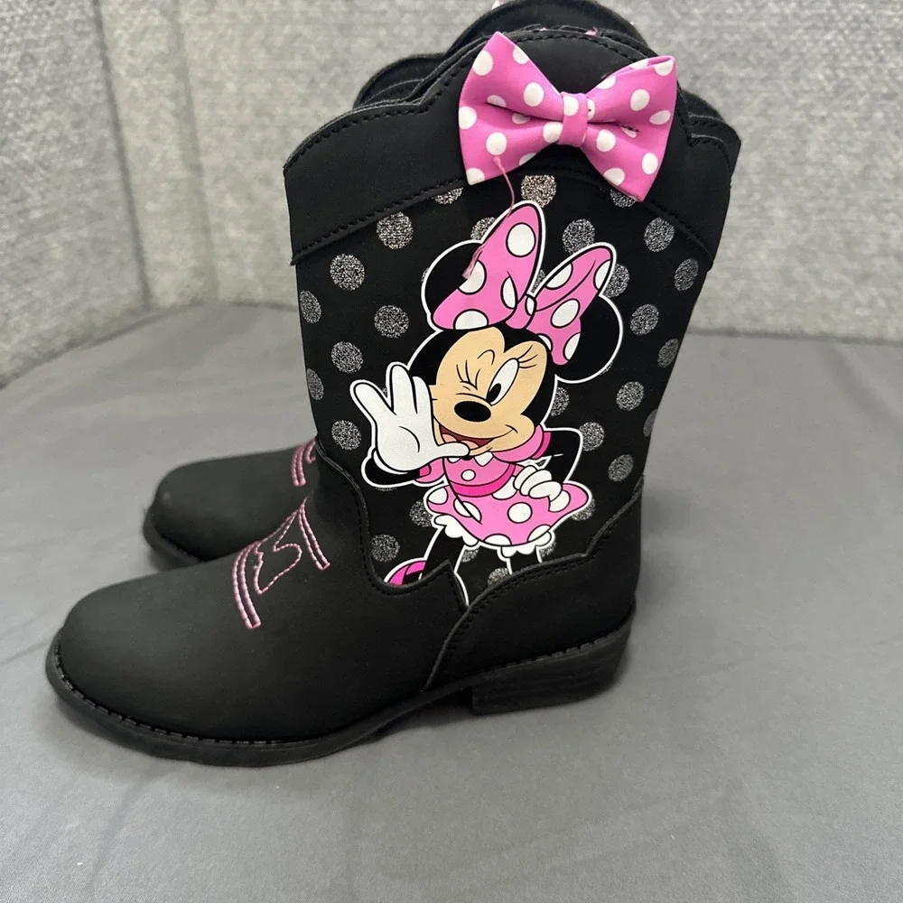 Disney Jr. Minnie Mouse Girls‎ Size 11 Med Cowboy Boots Faux Leather Black Pink